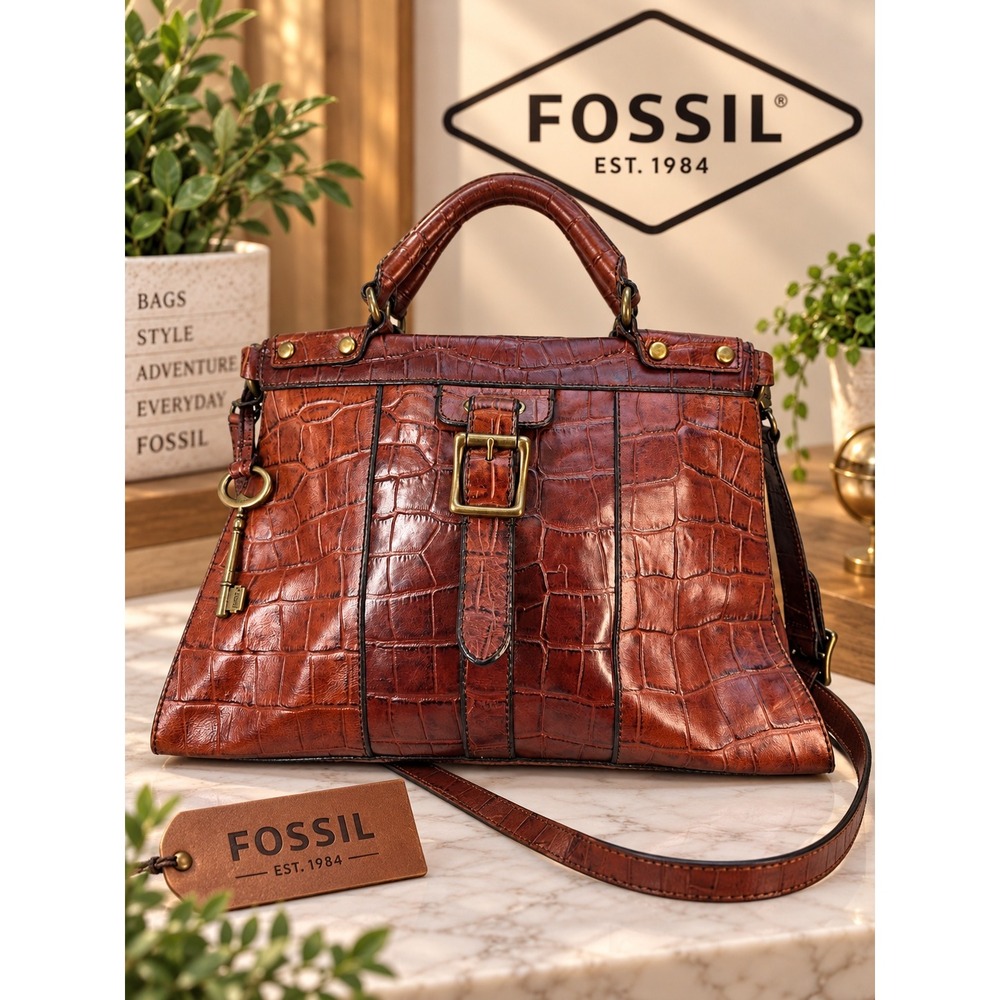 Fossil Revival Brown Croc Embossed Leather Satchel Crossbody Bag Handbag